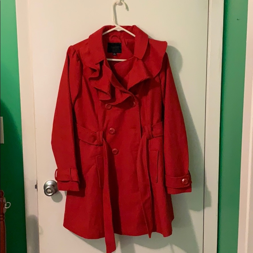 Red ruffle collar pea coat